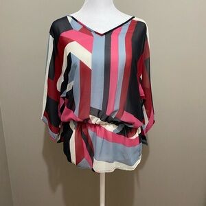 New York & Company Red, Black & Grey Lightweight Blouse